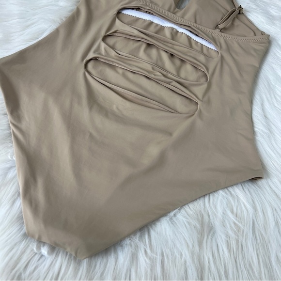 Becca Virtue High Neck Key Hole Front One Piece Swimsuit Tan Color Size Large - Picture 7 of 16